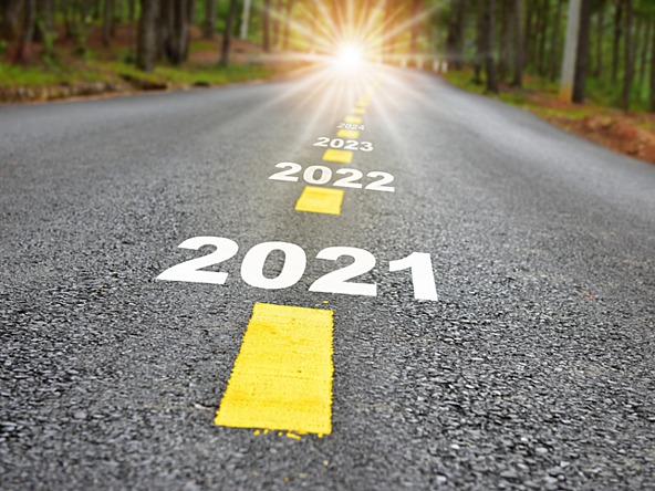 Image of a road with markings for the years ahead fron 2021 onwards 